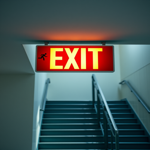 Create an enhanced image of an exit sign featuring a running figure and a staircase, captured with a Canon EOS R camera, 50mm lens, ISO 100, f/8 aperture, 1/200s shutter speed, in a bright, well-lit environment to improve clarity and detail.