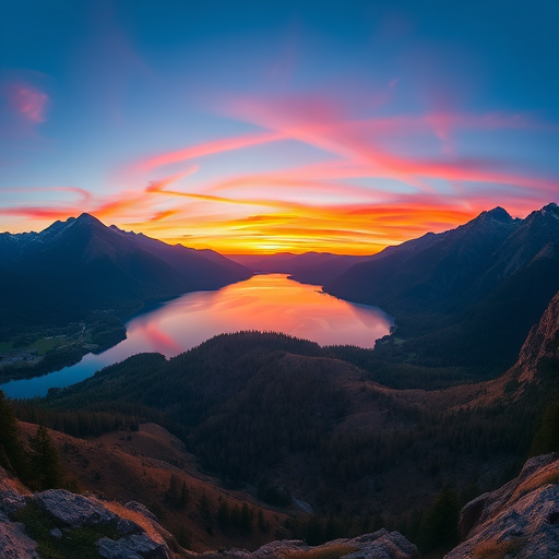 High-quality image of a serene landscape featuring mountains and a lake at sunset, with vibrant colors, captured using a Canon EOS R5 at f/8, ISO 100, 1/250s, wide-angle lens, panoramic view, HDR processing.