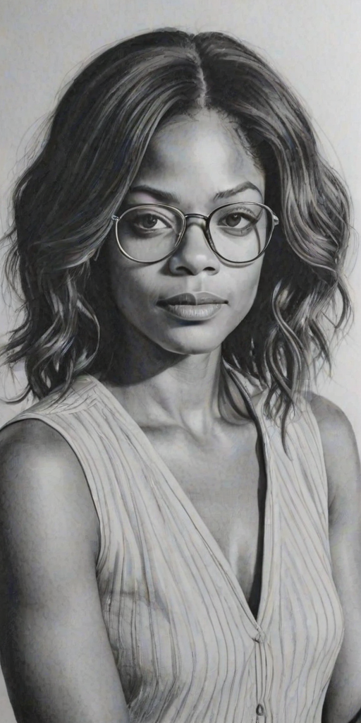 Resplendent Naomie Harris, pencil sketch, portrait of Wonderful woman 1974s in glasses, hair style beatnik, outline, clear lines, fine lines, 8k