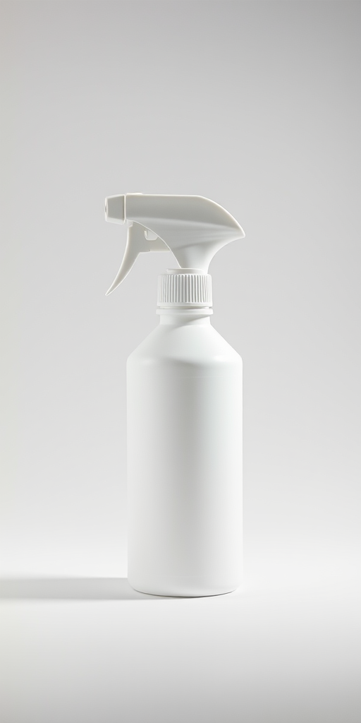 Generate a high-resolution image of a white spray bottle on a plain background, using a Canon EOS R5 with a 50mm lens, aperture set to f/2.8, ISO 100, and a soft diffused light setup for enhanced clarity and detail.