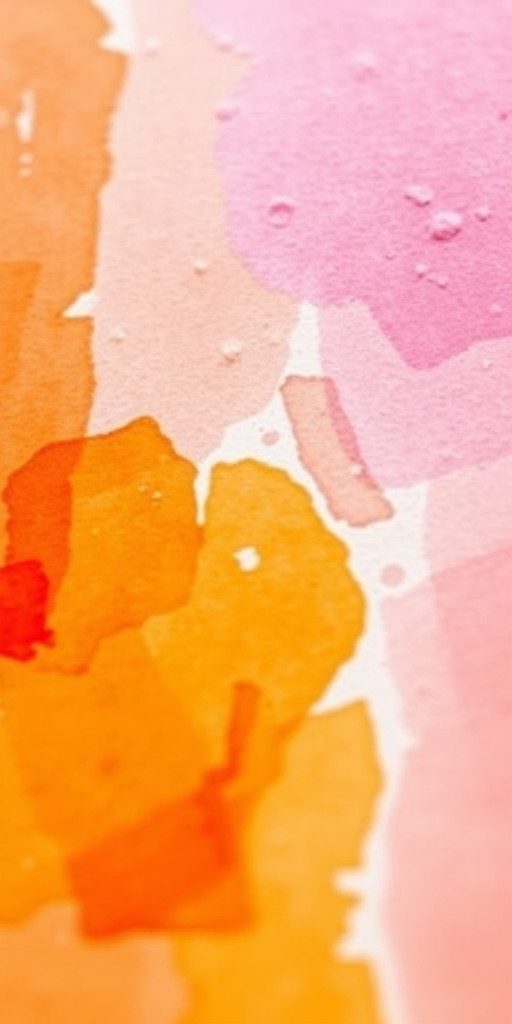 Create a vibrant abstract watercolor painting featuring a gradient of warm colors from orange to pink, focusing on soft textures, captured with a DSLR camera set to f/4, ISO 100, 1/125 sec, wide shot, natural light, shallow depth of field.