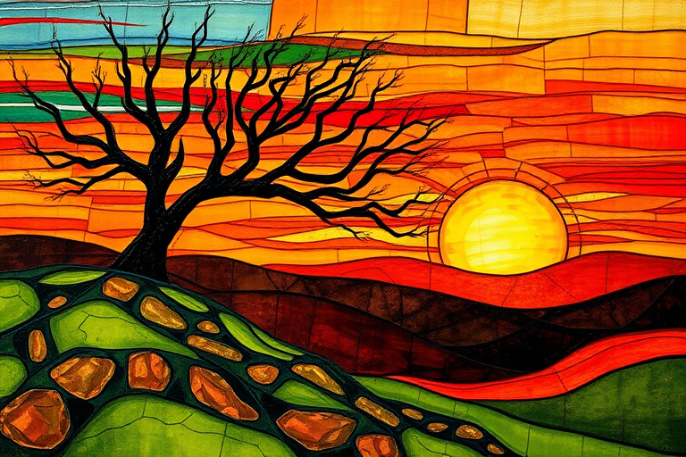 A vibrant abstract painting on Tiffany Glass, blending acrylic and alcohol ink techniques, captures a dramatic sunset over rolling hills. The artwork features a textured, rocky foreground in green and brown, layered abstract hills, and a striking sunset in rich oranges, yellows, and reds. A solitary black tree with intricate branches contrasts against the fiery sky, creating a dynamic and expressive portrayal of a breathtaking natural scene.