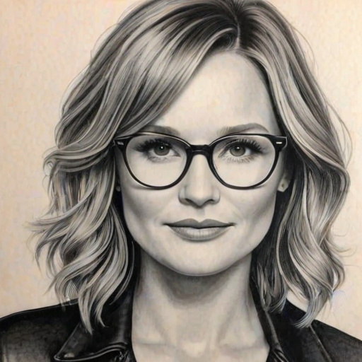 Bewitching Jennifer Nettles, pencil sketch, portrait of Enchanting woman 1963s in glasses, hair style beatnik, outline, clear lines, fine lines, 8k