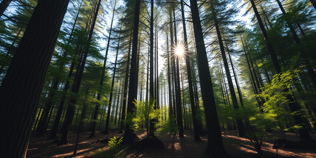 Create a high-resolution image of a serene forest with sunlight filtering through the trees, shot with a Canon EOS R5 at f/2.8, ISO 100, shutter speed 1/125s, using a wide-angle lens from a low angle to enhance depth and detail.