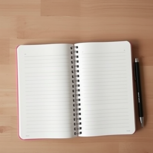a high-quality image of an open spiral notebook with blank lined pages, top-down view, soft natural lighting, ISO 100, aperture f/4, shutter speed 1/60 seconds, DSLR camera, shallow depth of field, minimalist style.