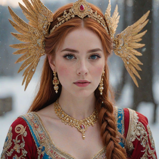 A young woman with long, flowing red hair, wearing a traditional, ornate red and blue costume with gold accents and intricate embroidery, stands facing the viewer in a close-up portrait. Her hair is styled in a high ponytail and adorned with a pair of golden, winged hairpieces. She wears gold earrings and her makeup is accented with light pink blush and a bright red lip. She has a soft and slightly melancholic expression, with her eyes looking directly at the camera. The background is a blurred, out-of-focus snowy landscape, with the woman in the foreground. The lighting is soft and natural, creating a warm, intimate atmosphere. The image is composed using a shallow depth of field, with the woman as the main focal point. The overall style is elegant, delicate, and fairytale-like.