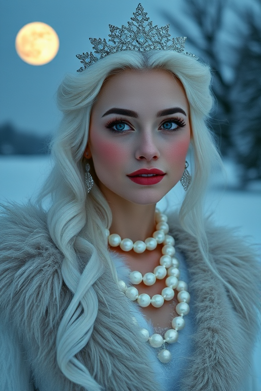 Generate a portrait of a woman resembling a winter queen with white hair and pearl accessories, surrounded by a snowy landscape and the full moon, captured with a DSLR camera, 50mm lens, f/1.8 aperture, ISO 100, shot at twilight for soft lighting and enhanced clarity.