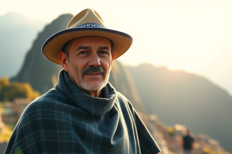 portrait of a man wearing a poncho and a hat at Machu Picchu, soft focus background, natural light, 50mm lens, f/1.8 aperture, ISO 200, shot at sunrise, DSLR camera