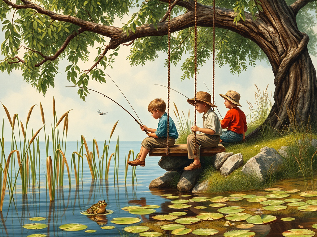 Imagine a small group of old fashioned young boys out fishing by the creek, a swing hanging from a tree branch, reeds and grasses by the water's edge, a frog sitting on a lily pad, dragonflies hovering over som water plans, a very iconic old fashioned scene reminiscent of a Norman Rockwell painting style