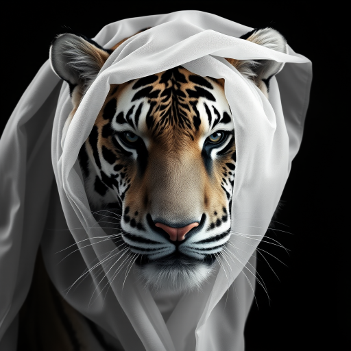 A hyper-realistic digital portrait of an tiger with fabric draped over its head. The fabric is sheer and lightweight, allowing the contours of the tiger’s face to show through, including its ears, eyes, and nose. The texture of the fabric is smooth and flowing, with delicate folds and creases that suggest softness and movement. The tiger’s expression is serene and contemplative. The image focuses on the interplay of light and shadow on the fabric and the tiger's face, creating a monochromatic palette of whites and grays. The background is a simple, nondescript dark shade to highlight the subject.