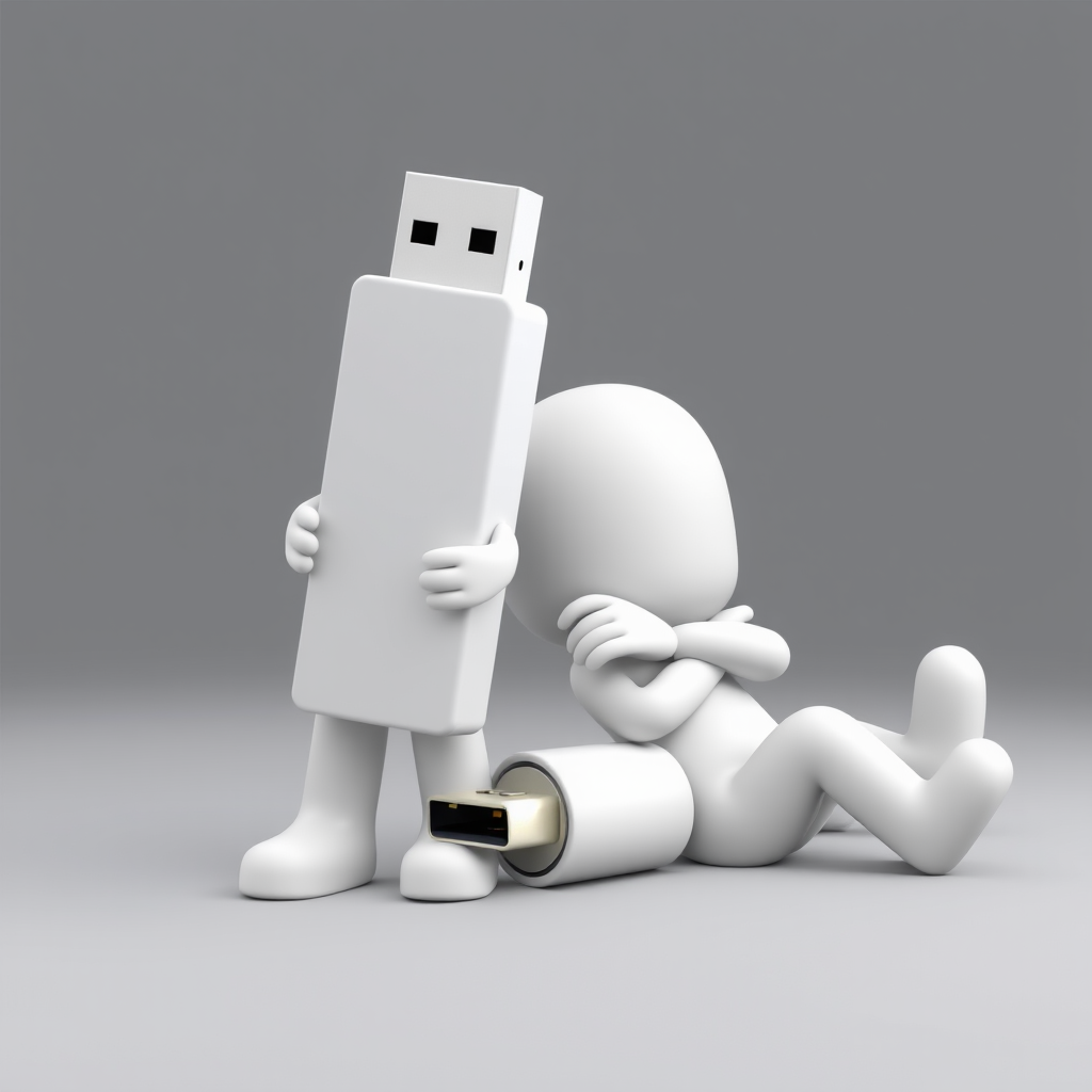 Create a high-resolution 3D render of two cartoon-like white figures, one resembling a USB drive and the other lying down with arms crossed, using a DSLR camera with a focal length of 50mm, aperture set to f/2.8 for a shallow depth of field, and a softbox light source for even illumination.