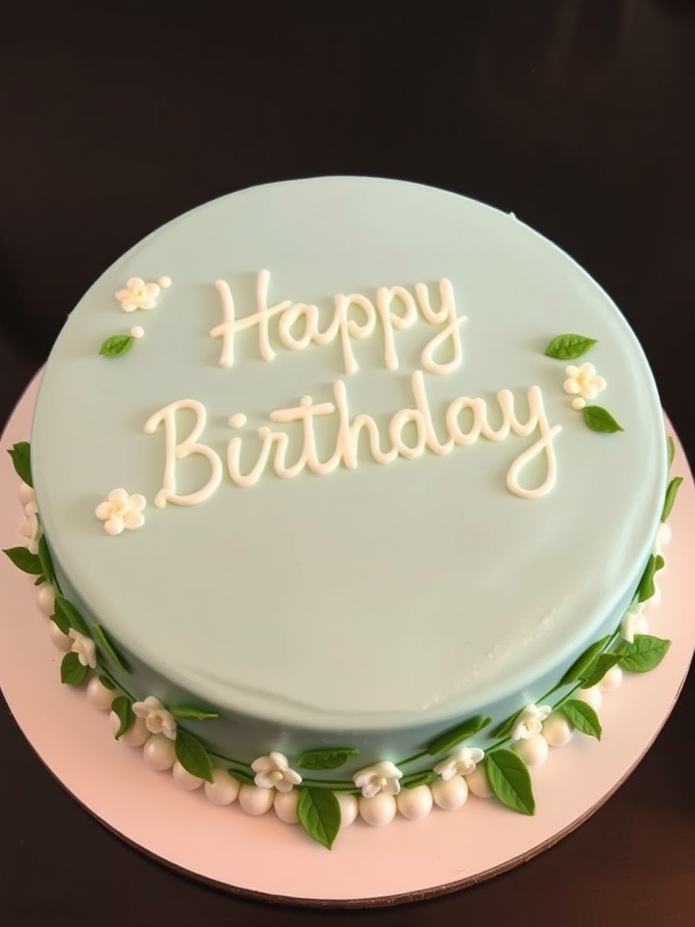 A round birthday cake with a smooth light blue frosting decorated with small white flowers and green leaves around the edge the words happy birthday written in white icing on top surrounded by small white pearls