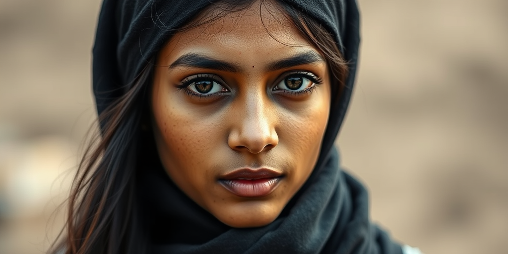 Create a portrait of a young Indian woman with long, dark hair and captivating hazel eyes. She is wearing a black headscarf and a matching scarf draped gracefully around her neck. The background is softly blurred, focusing attention on her serene and natural expression. The overall color palette is muted and warm, enhancing the intimate and authentic feel of the portrait.
