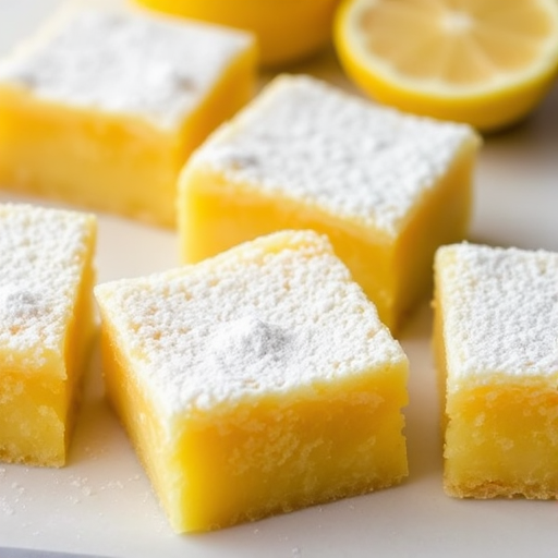A close-up of yellow lemon squares dusted with powdered sugar on a light surface with fresh lemon slices in the background, showcasing a soft and fluffy texture of the dessert.