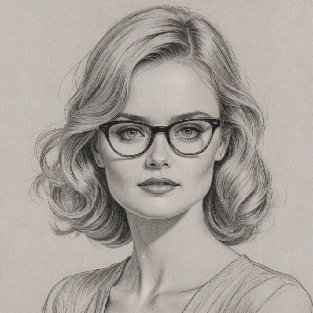 Dazzling Sara Paxton, pencil sketch, portrait of Comely woman 1955s in glasses, hair style beatnik, outline, clear lines, fine lines, 8k