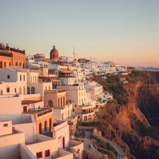 Regenerate an image of a coastal town with whitewashed buildings and rocky cliffs, taken at golden hour with a Canon EOS R camera, 35mm lens, f/8 aperture, ISO 100, and a slight vignette effect for enhanced contrast.