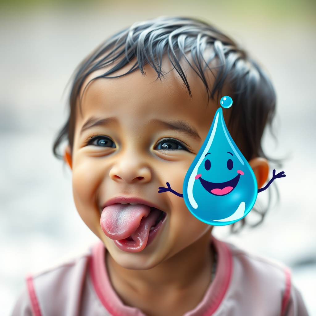 Regenerate a playful image of a young child sticking out their tongue, with a cheerful blue water droplet character floating beside them, captured with a Canon EOS R5, 50mm lens, f/1.8 aperture, ISO 100, using a shallow depth of field for a soft background blur, emphasizing the child's joyful expression.