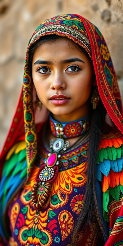 A beautiful Middle Eastern girl, wearing colorful bird clothing with vibrant colors