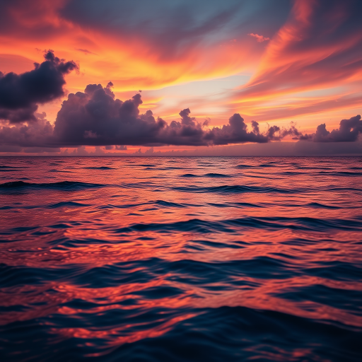 Create a high-resolution image of a dramatic sunset over a tranquil ocean, with vibrant hues of orange, purple, and pink reflecting on the water, taken with a Canon EOS R5, 24mm lens, f/2.8, ISO 100, using a wide-angle view and soft natural lighting.
