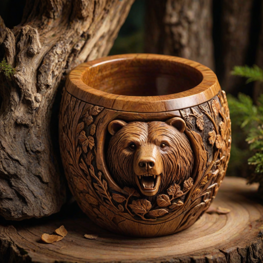 photo of artistic stone cup with 3d carving, bear cave in the forest as carving theme, ornamented by finest wood and amber accents, masterpiece of art, visually stunning, natural daylight, sharp focus,55mm f/ 1. 8 lens, studio light