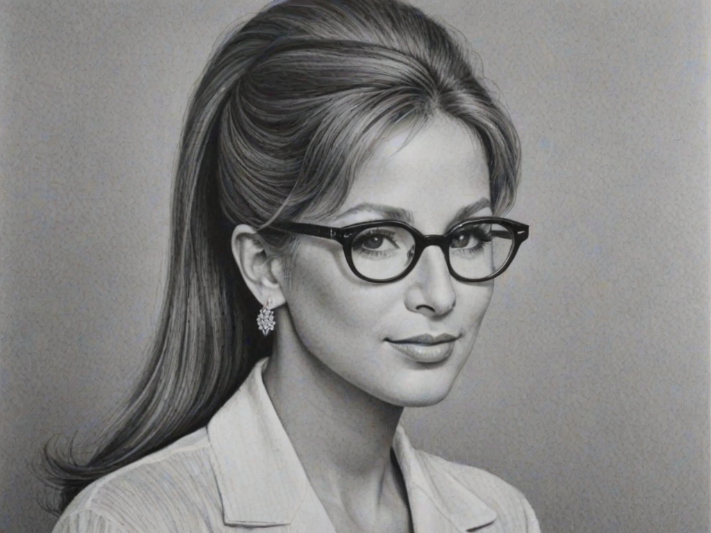 Charming Barbra Streisand, pencil sketch, portrait of Pleasing woman 1956s in glasses, hair style beatnik, outline, clear lines, fine lines, 8k
