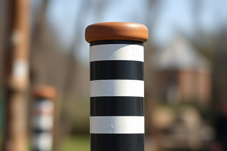 Generate an image of a striped pole with alternating black and white stripes, showing a wooden top, photographed with a DSLR camera at f/2.8 aperture, ISO 100, 50mm lens, in a portrait orientation, using natural light for enhanced clarity and detail.