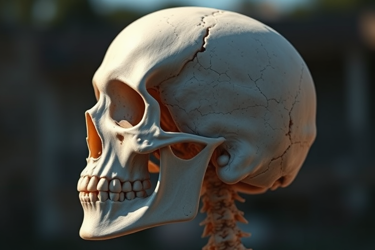 Create a highly detailed 3D rendering of a human skull from a side view, using a Canon EOS R5 with a 50mm lens, aperture set at f/2.8, ISO 100, in natural lighting to capture intricate textures and shadows.