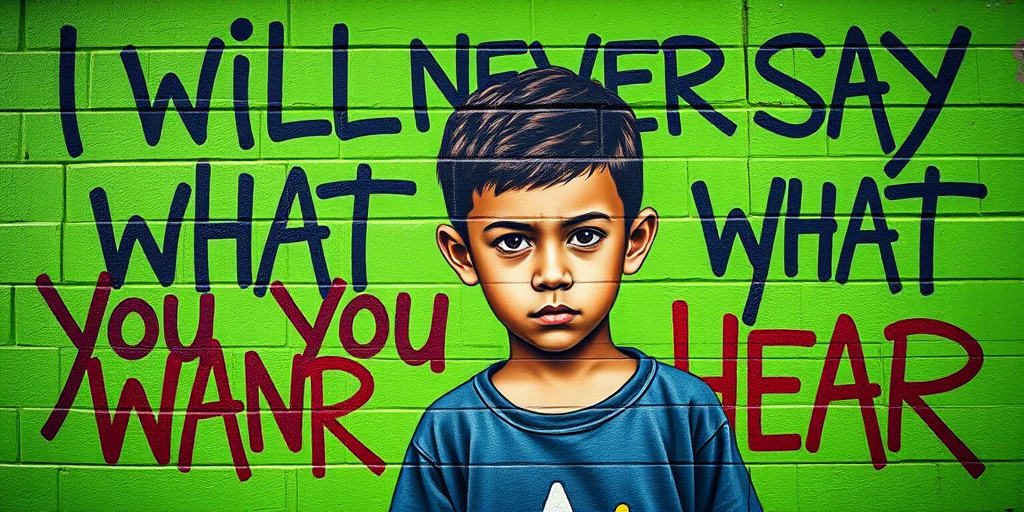 Create a high-resolution image of a mural featuring a young boy with a serious expression, standing against a vibrant green background with graffiti text that reads "I will never say what you want to hear," captured with a Canon EOS R5, 50mm lens, f/1.8 aperture, 1/250s shutter speed, in natural daylight for enhanced color saturation and clarity.
