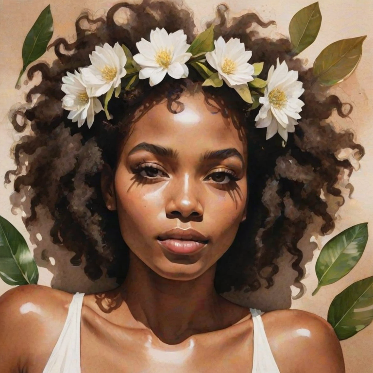 create a watercolor painting of an ethereal portrait of beautiful Afro-Caribbean woman with a simple white flower crown on her head. Her hair is long and she is lying on the ground. The sunlight on the trees casts shadows from the leaves on her face and body. The background is a neutral brown color that matches her skin tone. The image is minimalist and solid colors. This style is characterized by soft, delicate brushstrokes and a light, airy, contrasting color palette. High level of detail and play of light