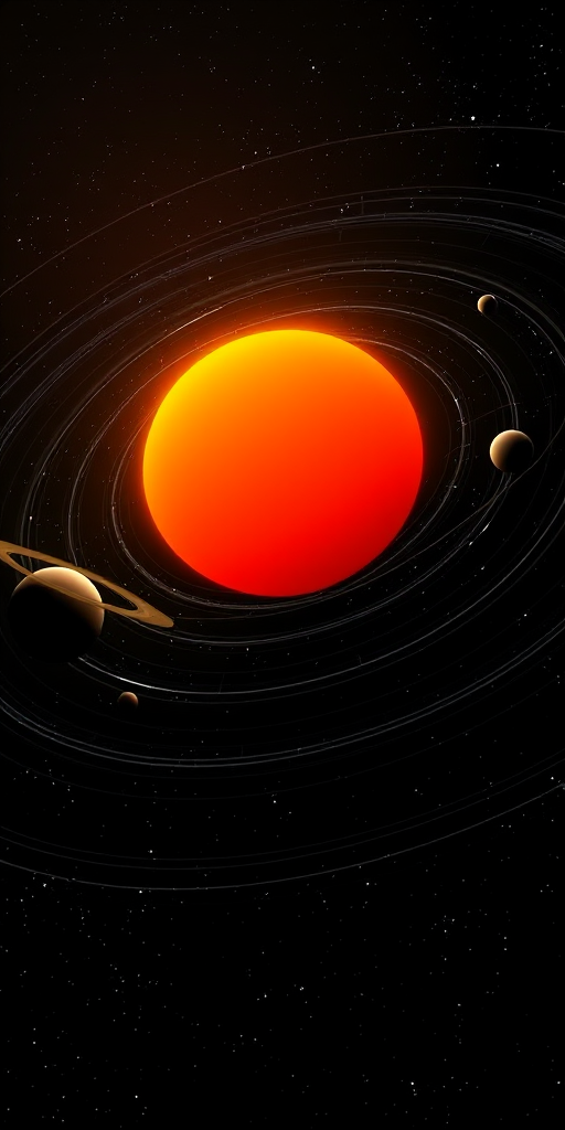 Create a detailed 3D rendering of the solar system with the sun in vibrant orange at the center, planets accurately positioned in elliptical orbits, a dark starry background, camera type: DSLR, camera settings: ISO 100, f/8, shutter speed 1/125s, camera view: wide angle, camera style: hyper-realistic.