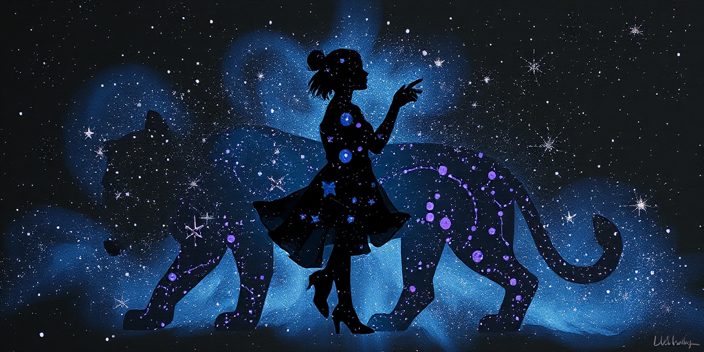 Captivating conceptual render alcohol ink art, double exposure, the paint strokes artfully merge combining a woman's full silhouette with a Lazy panda's silhouette. The figures are composed of a series of colored dots, lines & spots that evoke the image of a cosmic galaxy, colors are deep shades of blue purple & black with flashes of white & silver representing distant stars. The woman's silhouette is formed within the lion's silhouette from constellations of scattered stars, surreal