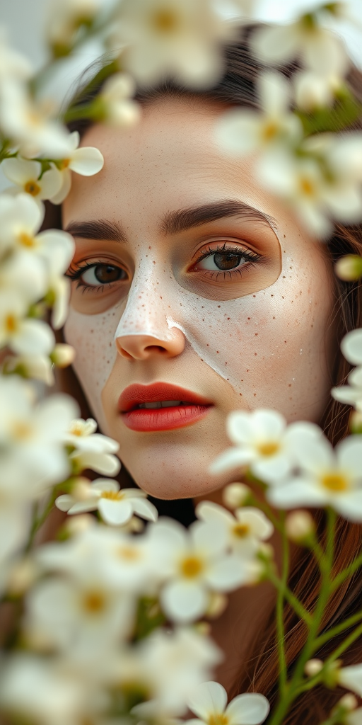 portrait of a woman with a facial mask surrounded by white flowers, soft lighting, shallow depth of field, f/1.8 aperture, 85mm lens, 1/125 sec shutter speed, Canon EOS R5, high-resolution image