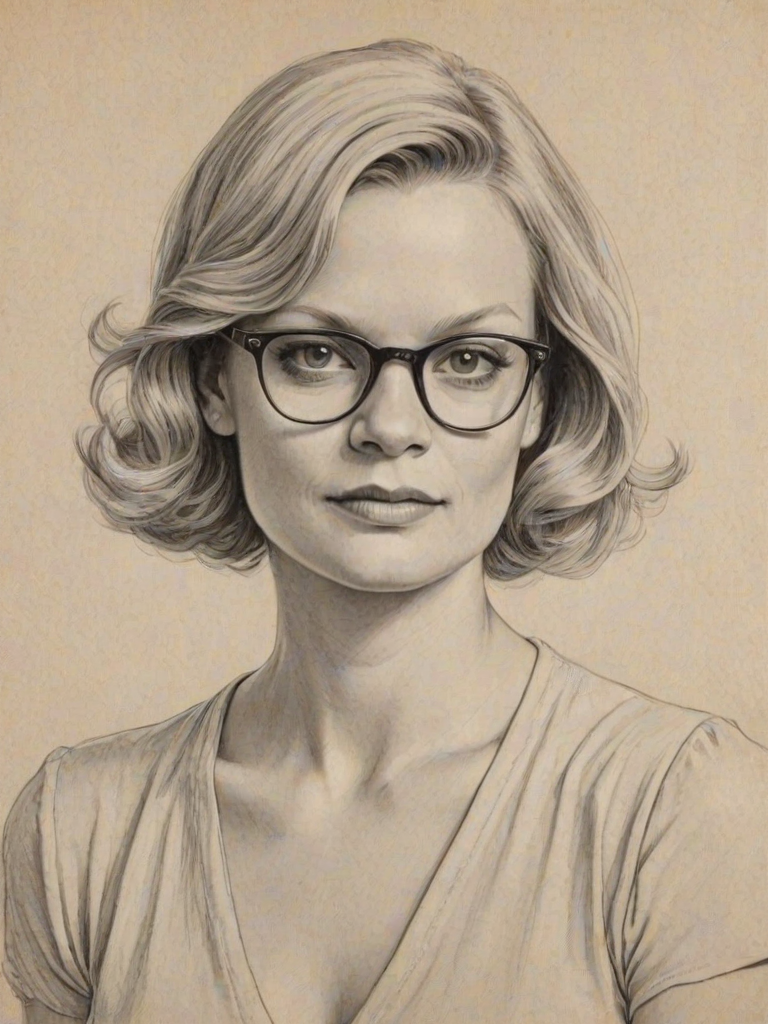 Fascinating Martha Plimpton, pencil sketch, portrait of Splendid woman 1921s in glasses, hair style beatnik, outline, clear lines, fine lines, 8k