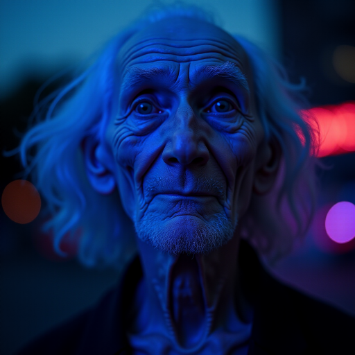 create a close-up perspective view fine art photography contemporary style of an elderly worn albino’s face with a soft, candid expression on a blurred sky black light background. Showcasing a modern style characterized by vibrant blacklight tones, using dramatic lighting and soft gradients to create a fine art atmosphere. The focus is on the light and facial features. motion light blur, neon backlit