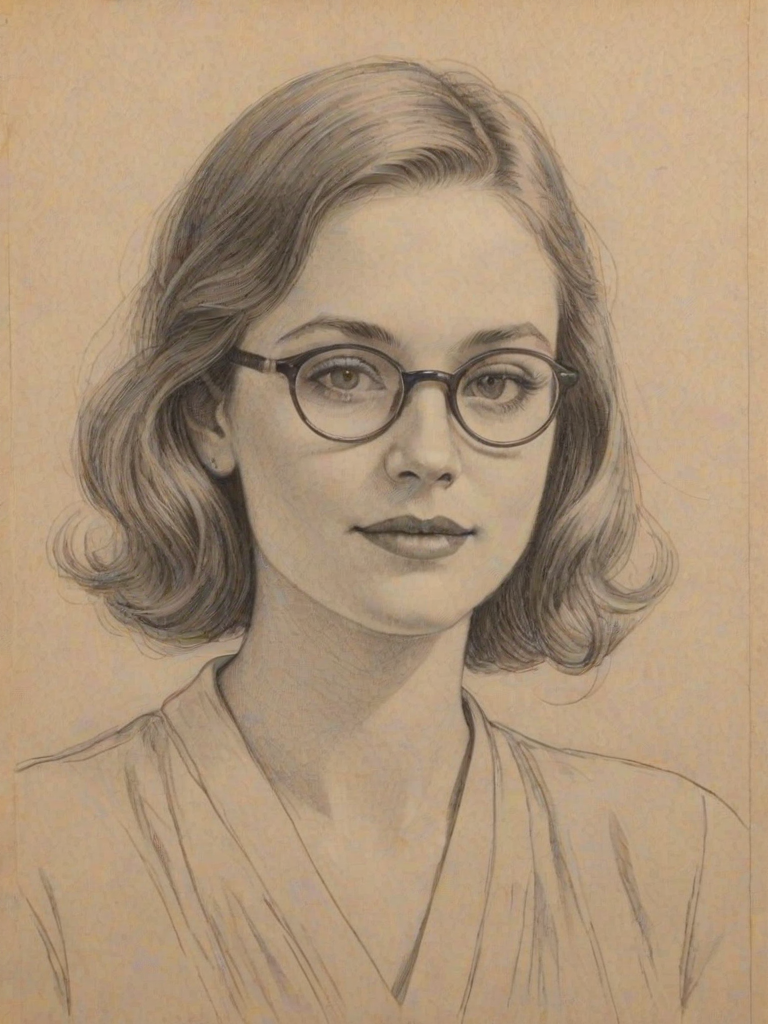 Charming Virginia Roberts, pencil sketch, portrait of Enticing woman 1924s in glasses, hair style beatnik, outline, clear lines, fine lines, 8k