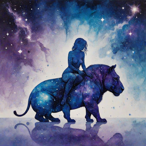 Captivating conceptual render alcohol ink art, double exposure, the paint strokes artfully merge combining a woman's full silhouette with a Lounging hippo's silhouette. The figures are composed of a series of colored dots, lines & spots that evoke the image of a cosmic galaxy, colors are deep shades of blue purple & black with flashes of white & silver representing distant stars. The woman's silhouette is formed within the lion's silhouette from constellations of scattered stars, surreal