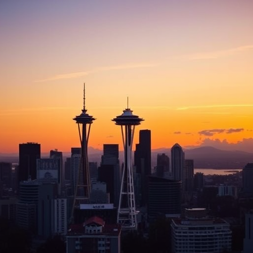 Seattle skyline at sunset with the Space Needle in view, 24mm lens, f/8 aperture, ISO 100, shutter speed 1/200 sec, shot from a high vantage point, DSLR camera, natural lighting.