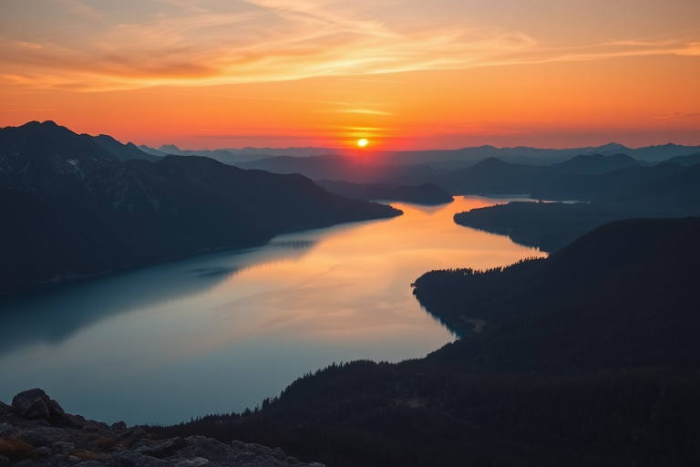 Create a high-resolution image of a serene landscape featuring a sun setting over mountains and a calm lake reflecting the colors of the sky, shot with a DSLR camera at f/8 aperture, ISO 200, 1/125 sec shutter speed, using a 24mm lens, in a wide-angle view.