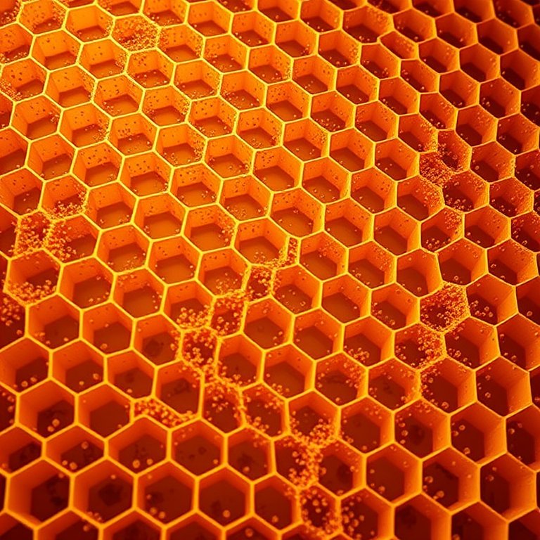 Generate a high-resolution image of a golden honeycomb pattern with intricate details and textures, using a macro lens, at 50mm focal length, aperture set to f/8, ISO 100, natural lighting, and a low angle view to emphasize depth and dimension.