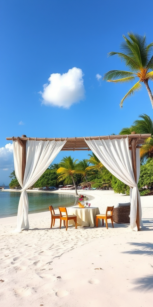 Create a picturesque tropical beach scene featuring a serene, white sandy shore. In the foreground, there's a rustic wooden canopy with white drapes gently flowing in the breeze. Underneath the canopy, a table is set with tropical decor, evoking a sense of relaxation and leisure. The beach extends into a calm, shallow water area with reflections of the sky and surroundings. Palm trees and lush greenery line the edge of the beach, providing a natural, tropical backdrop. The sky is clear with a few scattered clouds, and the overall atmosphere is tranquil and inviting, perfect for a peaceful retreat.