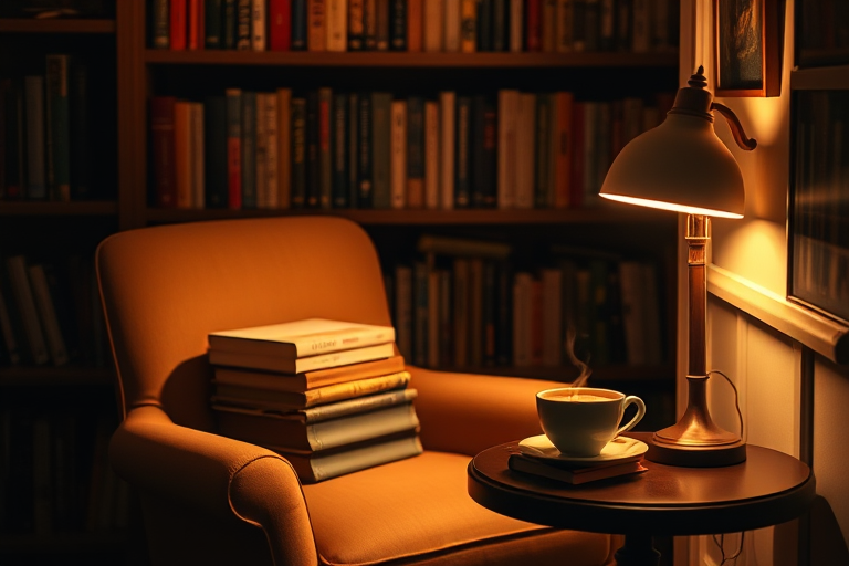 Warmly lit photo of a small library nook with a comfy armchair, soft light from a lamp illuminating a stack of books and a steaming cup of tea on a side table.