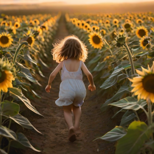 Blurry action shot of a child running through a sunflower field, soft golden light from the setting sun casting long shadows, with tall sunflowers swaying in the breeze.