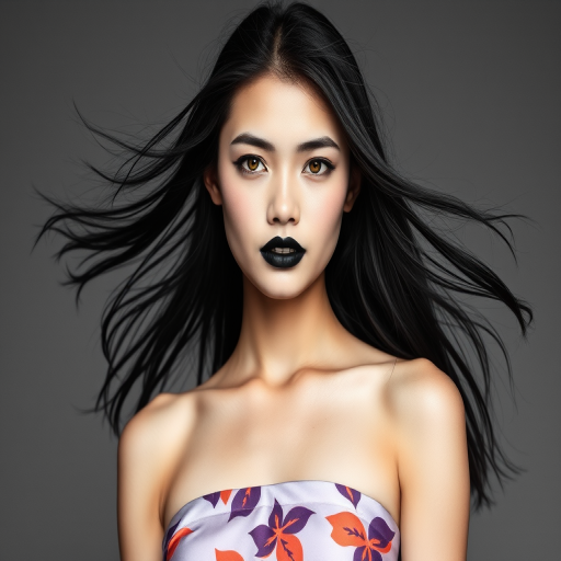 Photographic image of a beautiful young Thai woman, Yellow eyes, lips with black lipstick, long hair fluttering in the wind and wearing a silk strapless dress with a soft purple and orange print. monochrome image with only color highlights in the iris of the eyes, lipstick and dress. Gray background.