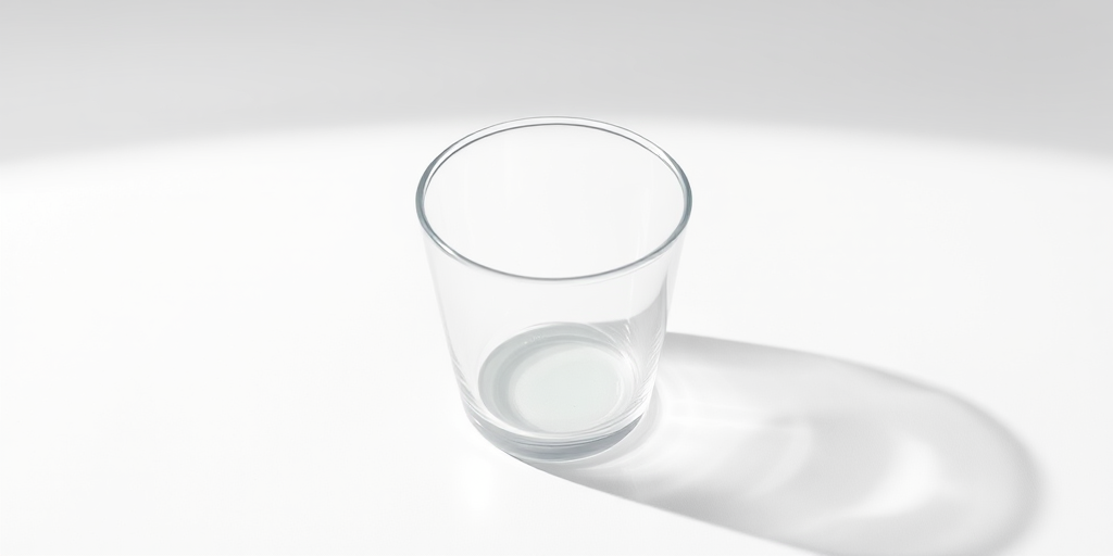 Generate a high-quality image of a transparent glass cup on a white background with a soft shadow beneath it, using a DSLR camera with a 50mm lens, aperture set to f/2.8, ISO 100, and a shutter speed of 1/125 sec, shot from a slight overhead angle to capture reflections and highlights.