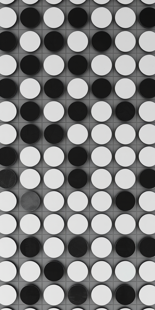 Create a high-resolution image of a repeating pattern of alternating black and white circles on a grid, shot with a Canon EOS 5D Mark IV at 50mm, f/8, ISO 200, in sharp focus with even lighting and a clean minimalist style.