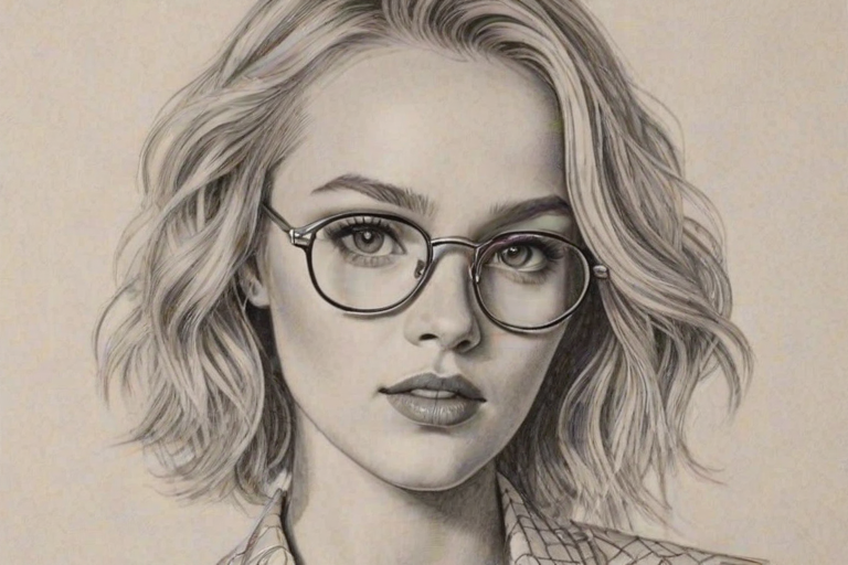 Ravishing Zara Larsson, pencil sketch, portrait of Resplendent woman 1922s in glasses, hair style beatnik, outline, clear lines, fine lines, 8k
