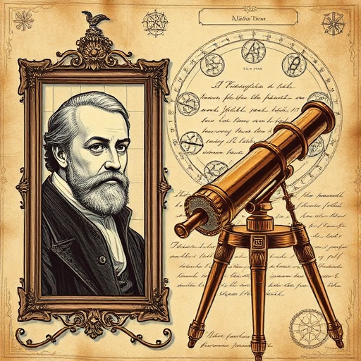 Create a vintage-style illustration featuring a historical figure portrait framed on one side and an intricate telescope on the other, with an aged parchment background filled with alchemical symbols and handwritten notes, captured with a DSLR camera at f/2.8, ISO 100, 50mm lens, using a soft focus effect for depth.