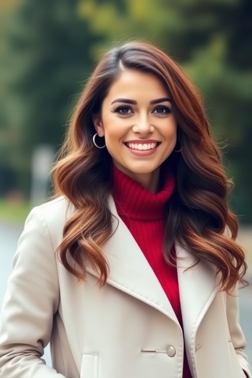 Generate an image of a smiling woman with long, wavy hair, wearing a light-colored coat over a red sweater, standing outdoors with a blurred background of greenery.
