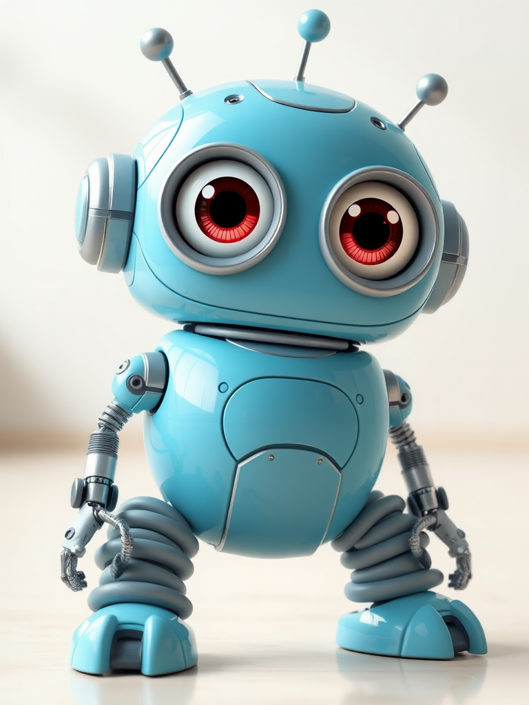 Create a digital illustration of a cartoon robot with a glossy light blue body, large expressive eyes, flexible rubbery gray springs for legs, and metallic arms, captured with a Canon EOS R5, 50mm lens, f/2.8 aperture, ISO 100, in a bright and airy studio environment with soft lighting to enhance details and colors.