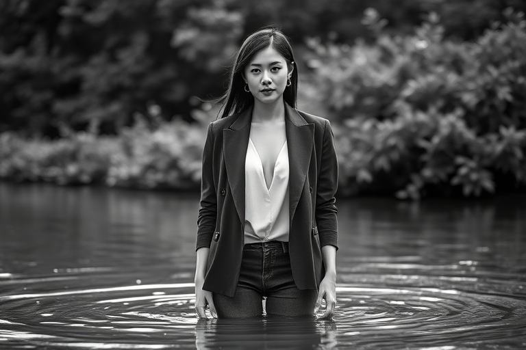 Generate a high-contrast black and white portrait of a woman standing in shallow water wearing a stylish blazer, surrounded by soft foliage in the background, using a Canon EOS R5, 85mm f/1.2 lens, aperture f/2.8, ISO 100, shutter speed 1/250s, with a shallow depth of field for a dreamy effect.